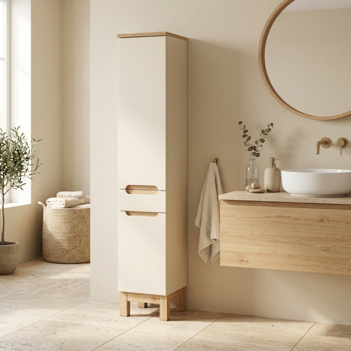 Columna de baño ERMANO - 2 puertas y 1 cajón - color cachemira y roble