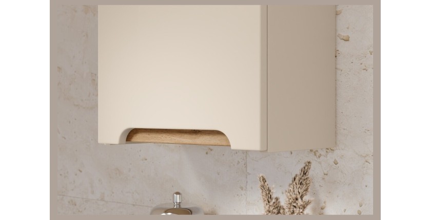 Zoom sur le bas du meuble suspendu ERMANO cachemire et chêne