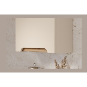 Zoom sur le bas du meuble suspendu ERMANO cachemire et chêne