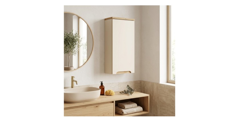 Meuble de rangement suspendu ERMANO cachemire et chêne mis en situation