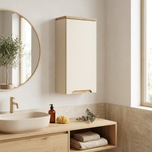 Meuble de rangement suspendu ERMANO cachemire et chêne mis en situation