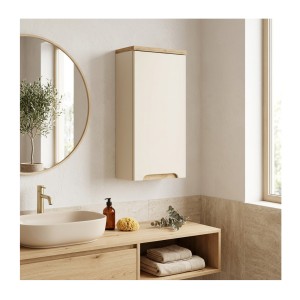 Meuble de rangement suspendu ERMANO cachemire et chêne mis en situation