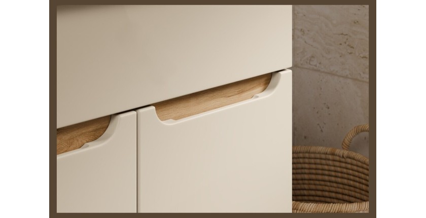 Zoom sur les poignées du meuble sous vasque ERMANO cachemire et chêne 80cm