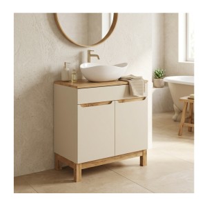 Meuble sous vasque ERMANO cachemire et chêne 80cm mis en situation