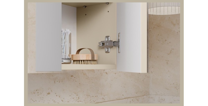 Zoom sur le meuble de rangement suspendu avec portes en miroirs ERMANO ouvert en situation