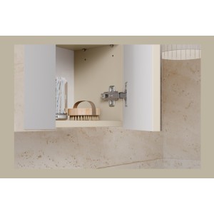 Zoom sur le meuble de rangement suspendu avec portes en miroirs ERMANO ouvert en situation