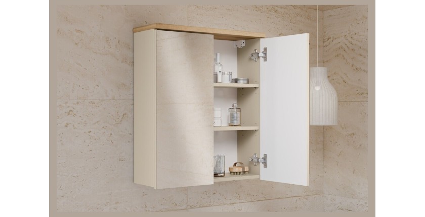 Meuble de rangement suspendu avec portes en miroirs ERMANO ouvert en situation