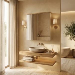 Meuble de rangement suspendu avec portes en miroirs ERMANO mis en situation