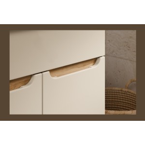 Zoom sur les poignées du meuble sous vasque ERMANO cachemire et chêne 60cm