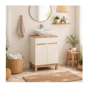 Meuble sous vasque ERMANO cachemire et chêne 60cm mis en situation