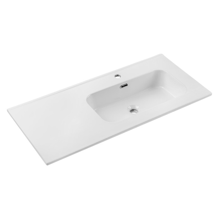 Lavabo da incasso ESSEN 100 cm in ceramica bianca lucida decentrata a destra