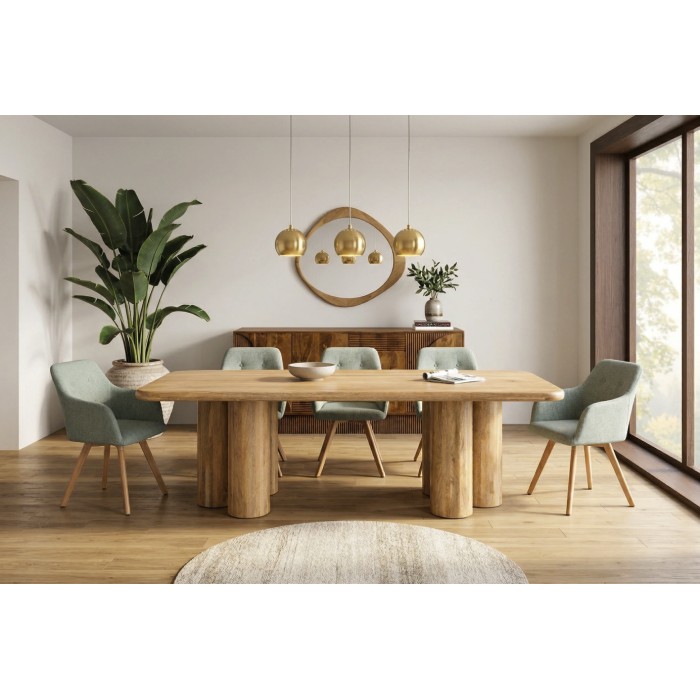 Eettafel ORINO 240 cm van massief mangohout – Rechthoekige design tafel met cilindrische poten