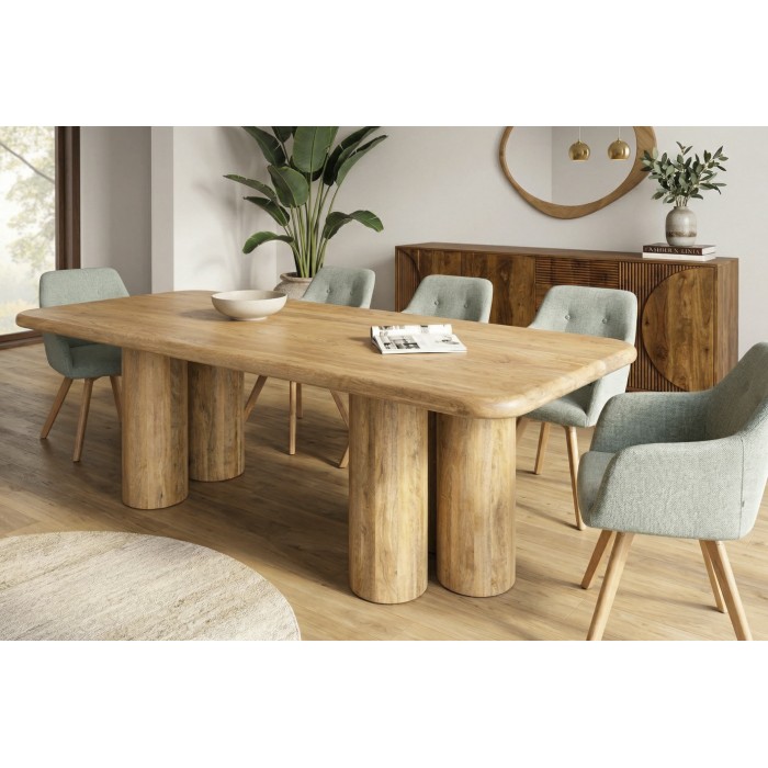 Eettafel ORINO 240 cm van massief mangohout – Rechthoekige design tafel met cilindrische poten