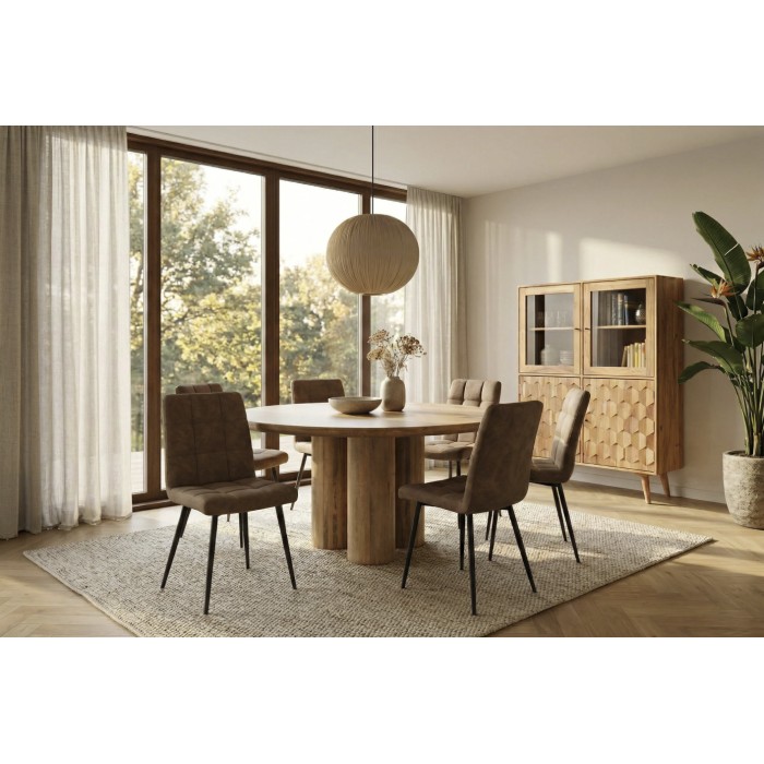 Eettafel ORINO rond 140 cm in massief mangohout - Design tafel met cilindrische poten