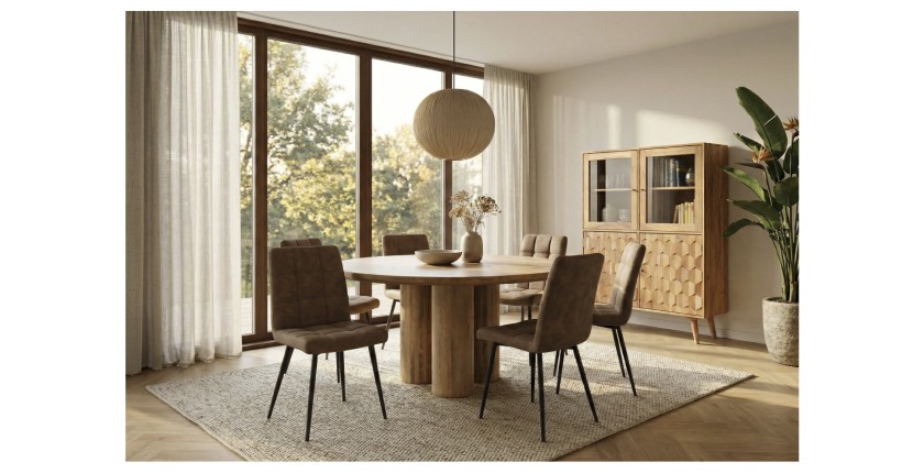 Table de salle à manger ORINO ronde 140 cm en bois massif de manguier – Table design avec pieds cylindriques