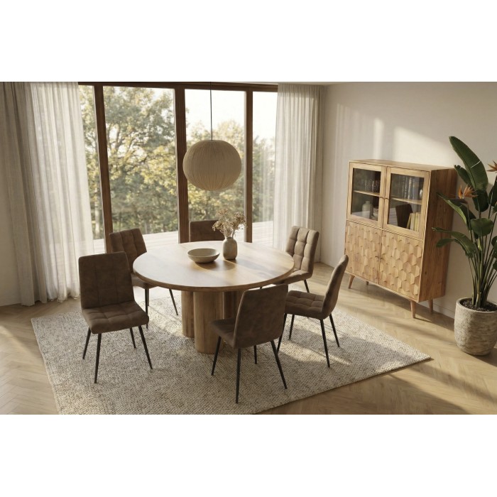 Eettafel ORINO rond 140 cm in massief mangohout - Design tafel met cilindrische poten
