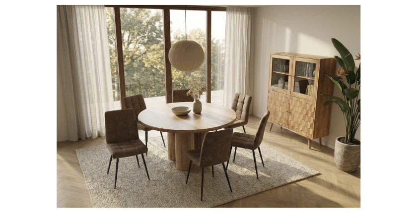 Table de salle à manger ORINO ronde 140 cm en bois massif de manguier – Table design avec pieds cylindriques