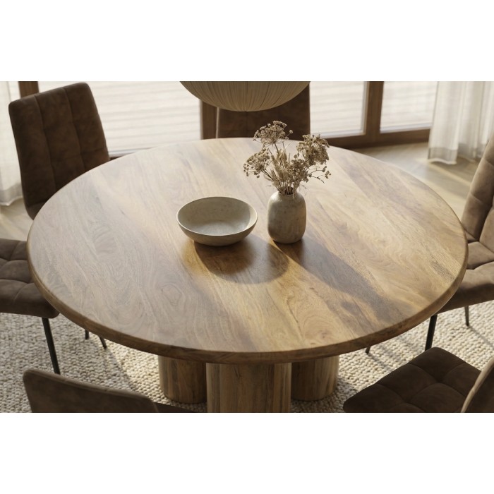 Eettafel ORINO rond 140 cm in massief mangohout - Design tafel met cilindrische poten