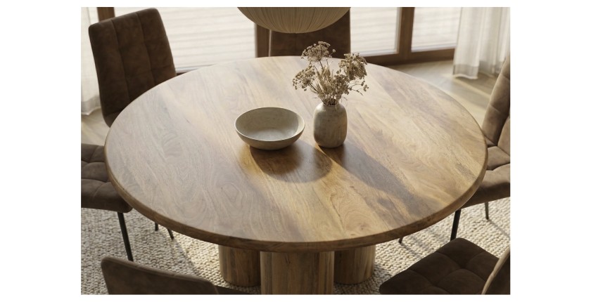 Table de salle à manger ORINO ronde 140 cm en bois massif de manguier – Table design avec pieds cylindriques
