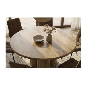 Table de salle à manger ORINO ronde 140 cm en bois massif de manguier – Table design avec pieds cylindriques