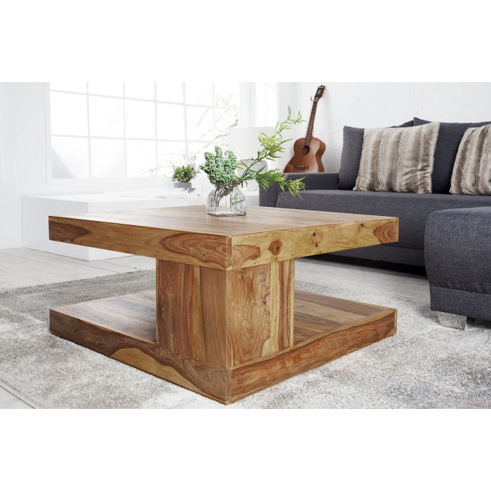 Lage tafel GRADI 80 cm in massief Sheesham hout – Vierkante salontafel met opbergruimte