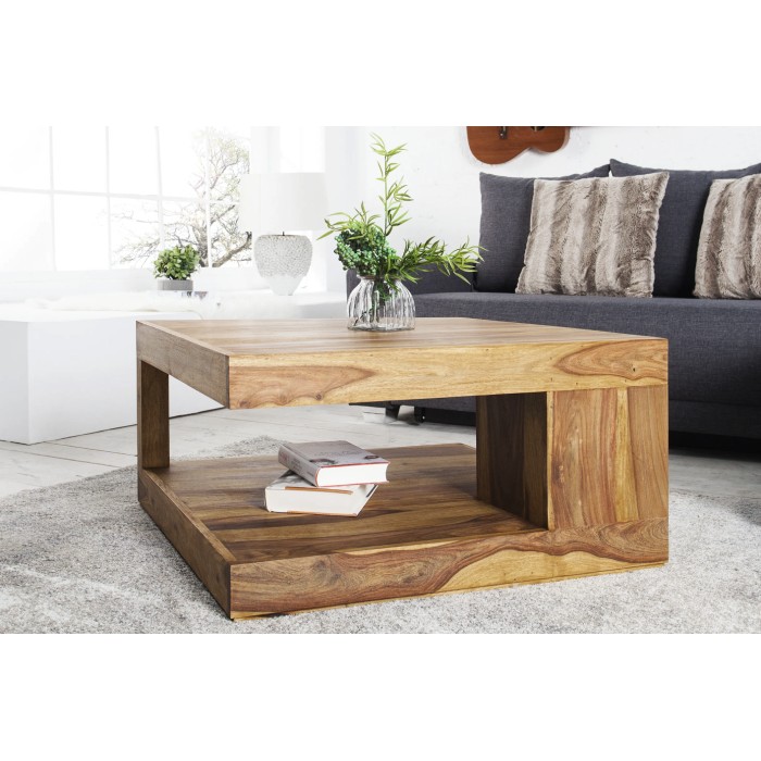 Lage tafel GRADI 80 cm in massief Sheesham hout – Vierkante salontafel met opbergruimte