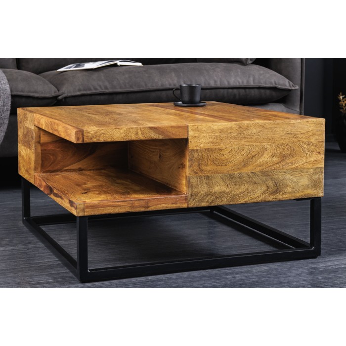 Couchtisch GRADI 60 cm aus massivem Sheeshamholz und Metall – Quadratischer Industrie-Couchtisch mit Ablagefach