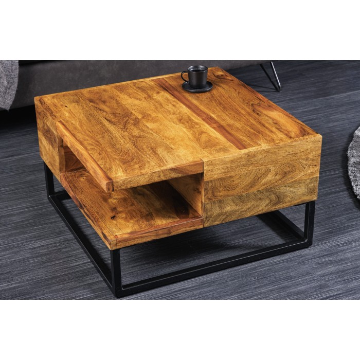 Couchtisch GRADI 60 cm aus massivem Sheeshamholz und Metall – Quadratischer Industrie-Couchtisch mit Ablagefach