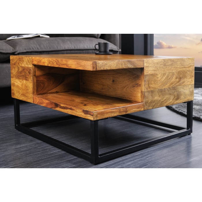 Couchtisch GRADI 60 cm aus massivem Sheeshamholz und Metall – Quadratischer Industrie-Couchtisch mit Ablagefach
