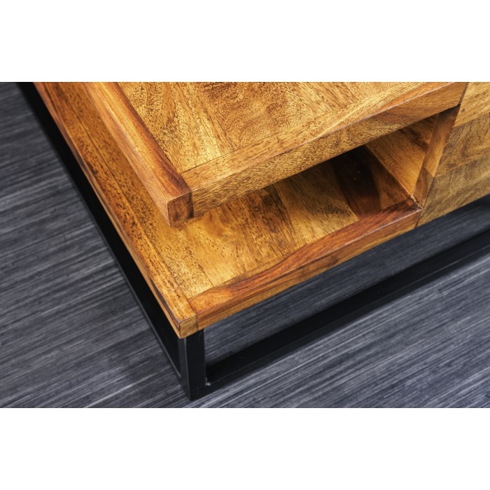 Couchtisch GRADI 60 cm aus massivem Sheeshamholz und Metall – Quadratischer Industrie-Couchtisch mit Ablagefach