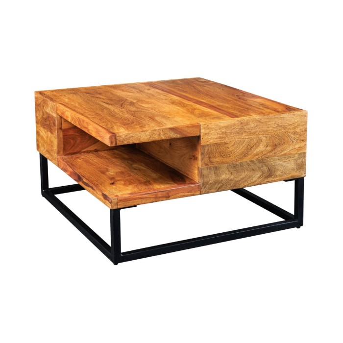 Couchtisch GRADI 60 cm aus massivem Sheeshamholz und Metall – Quadratischer Industrie-Couchtisch mit Ablagefach