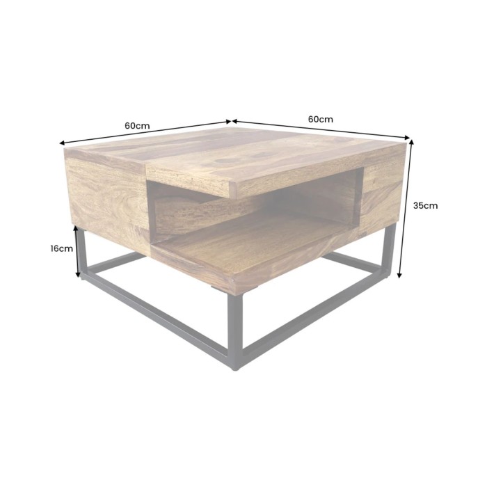 Couchtisch GRADI 60 cm aus massivem Sheeshamholz und Metall – Quadratischer Industrie-Couchtisch mit Ablagefach