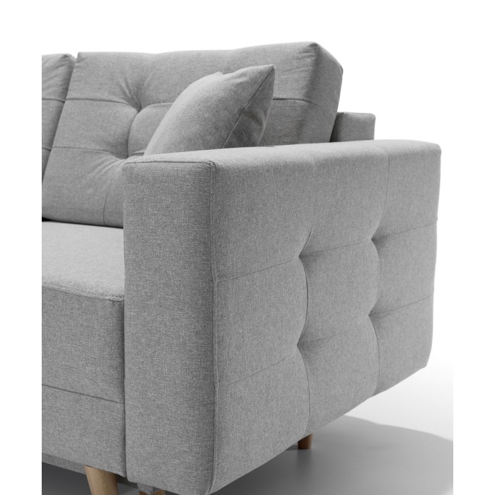 Canapé d’angle convertible HASGARD 3 places gris 248x162 cm – coffre et pieds bois