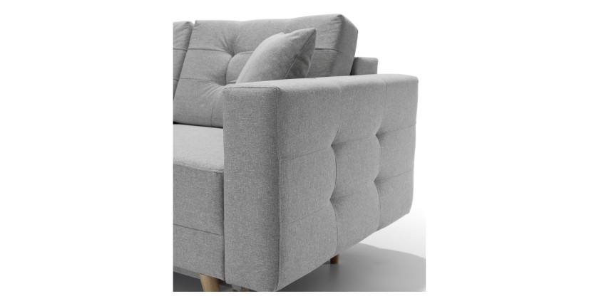 Canapé d’angle convertible HASGARD 3 places gris 248x162 cm – coffre et pieds bois