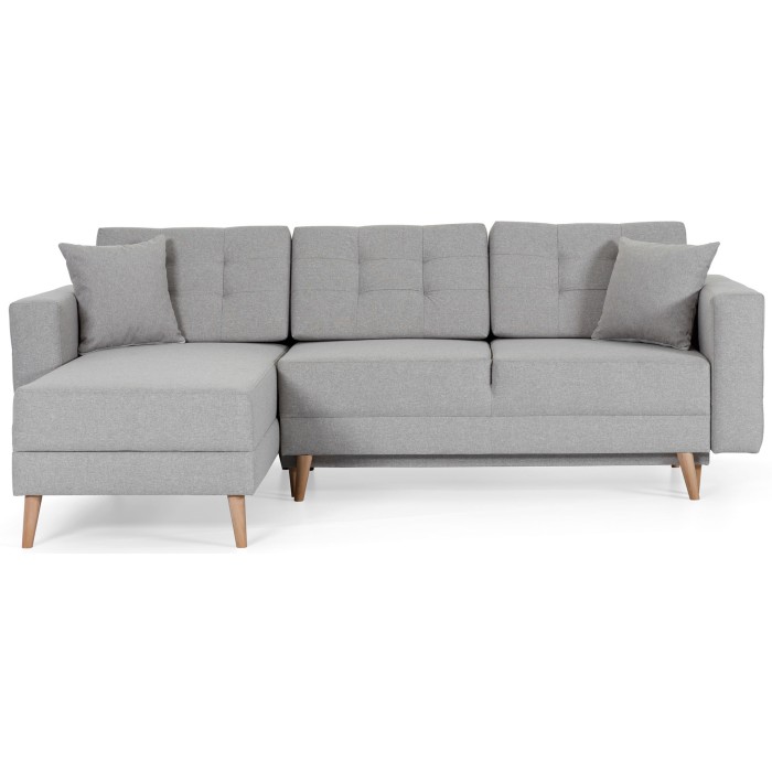 Canapé d’angle convertible HASGARD 3 places gris 248x162 cm – coffre et pieds bois