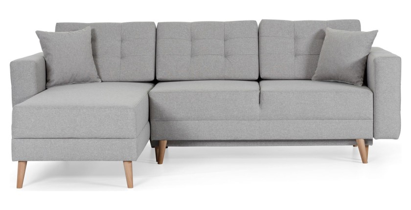 Canapé d’angle convertible HASGARD 3 places gris 248x162 cm – coffre et pieds bois