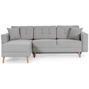 Canapé d’angle convertible HASGARD 3 places gris 248x162 cm – coffre et pieds bois