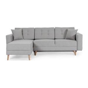 Canapé d’angle convertible HASGARD 3 places gris 248x162 cm – coffre et pieds bois