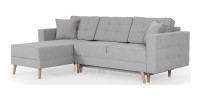 Canapé d’angle convertible HASGARD 3 places gris 248x162 cm – coffre et pieds bois
