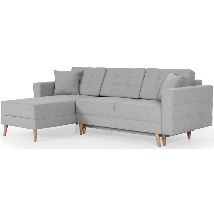 Canapé d’angle convertible HASGARD 3 places gris 248x162 cm – coffre et pieds bois
