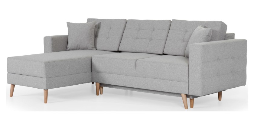 Canapé d’angle convertible HASGARD 3 places gris 248x162 cm – coffre et pieds bois