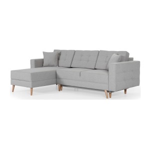 Canapé d’angle convertible HASGARD 3 places gris 248x162 cm – coffre et pieds bois