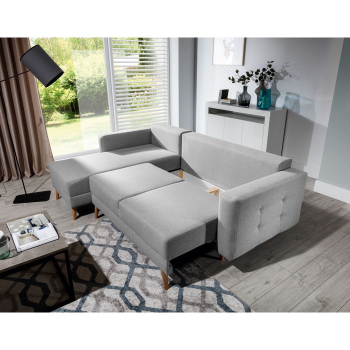 Canapé d’angle convertible HASGARD 3 places gris 248x162 cm – coffre et pieds bois