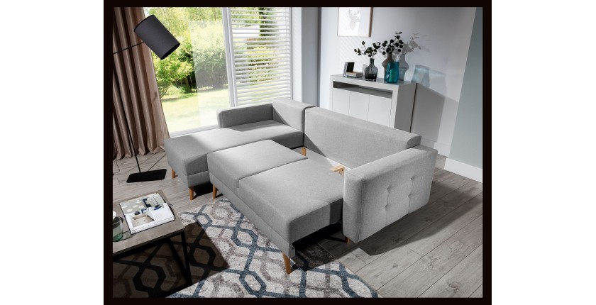 Canapé d’angle convertible HASGARD 3 places gris 248x162 cm – coffre et pieds bois
