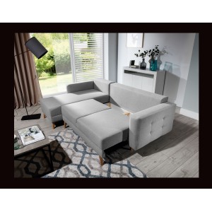 Canapé d’angle convertible HASGARD 3 places gris 248x162 cm – coffre et pieds bois