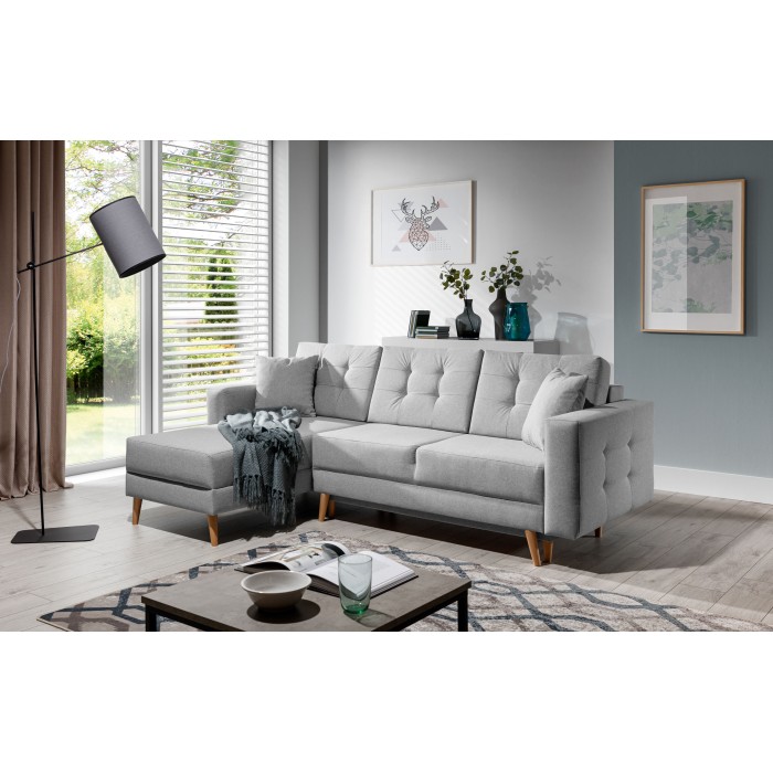 Canapé d’angle convertible HASGARD 3 places gris 248x162 cm – coffre et pieds bois