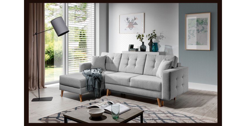 Canapé d’angle convertible HASGARD 3 places gris 248x162 cm – coffre et pieds bois