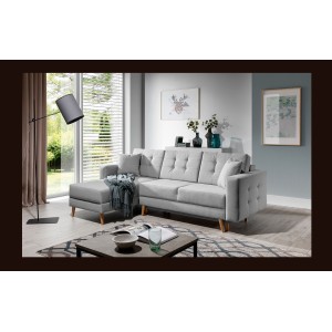 Canapé d’angle convertible HASGARD 3 places gris 248x162 cm – coffre et pieds bois