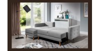 Canapé d’angle convertible HASGARD 3 places gris 248x162 cm – coffre et pieds bois