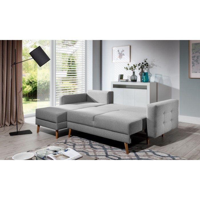 Canapé d’angle convertible HASGARD 3 places gris 248x162 cm – coffre et pieds bois
